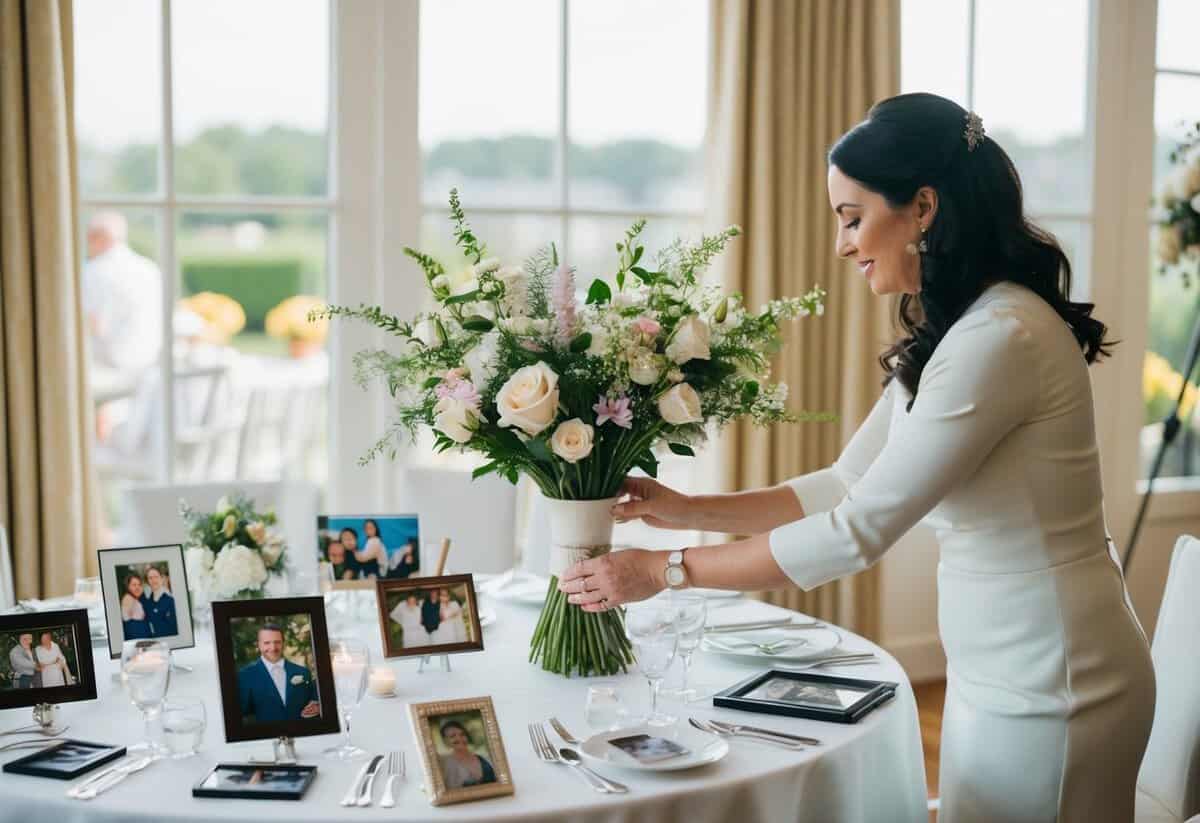 A woman arranging flowers on a wedding table, surrounded by family photos and mementos