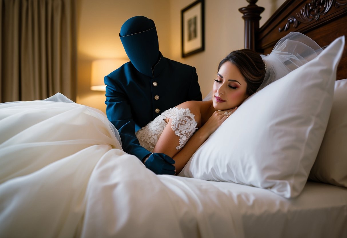 A figure watches over the bride as she sleeps, guarding her through the night before the wedding