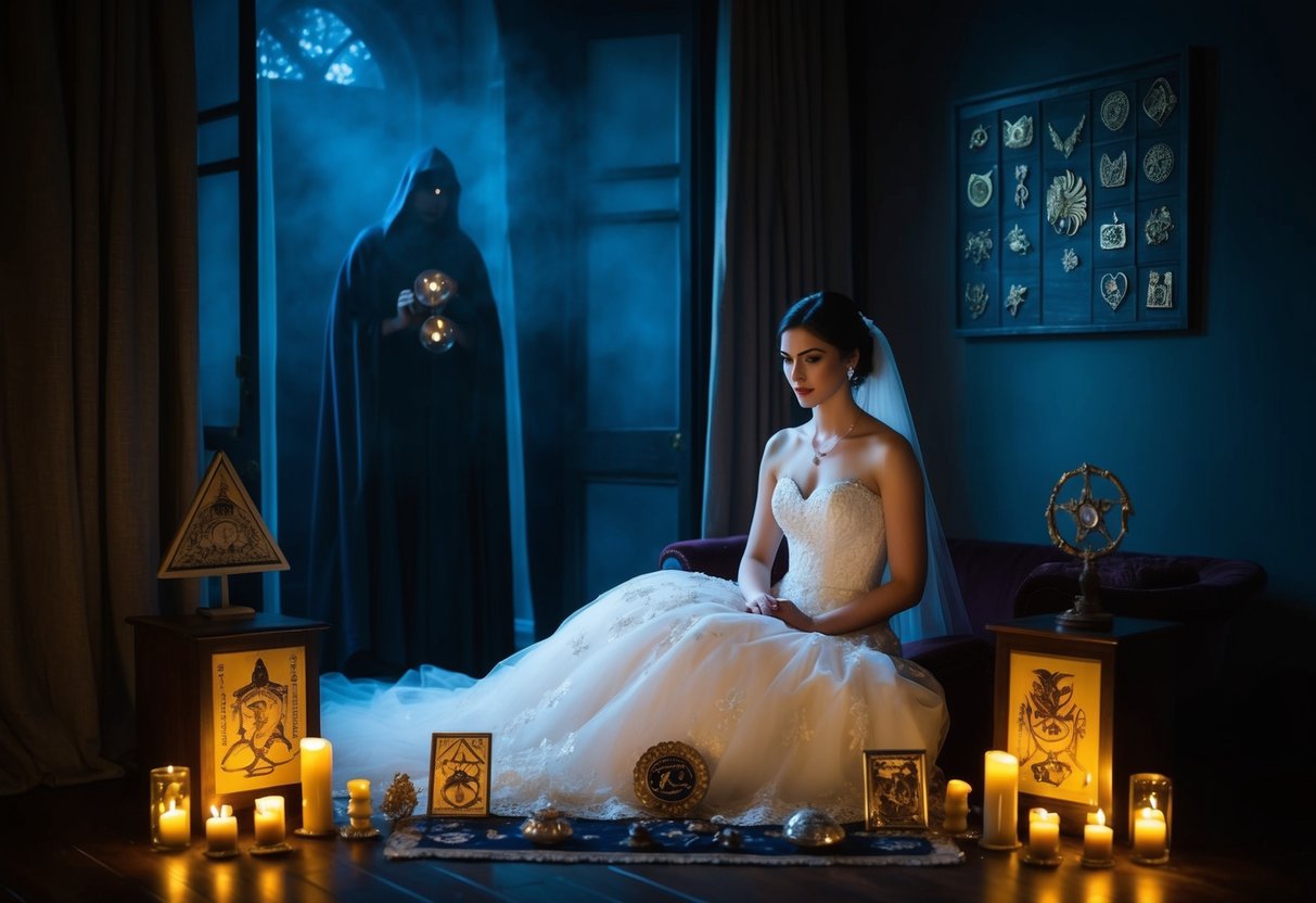 A bride sits alone in a dimly lit room, surrounded by symbolic objects and talismans. A mysterious figure hovers in the shadows, watching over her