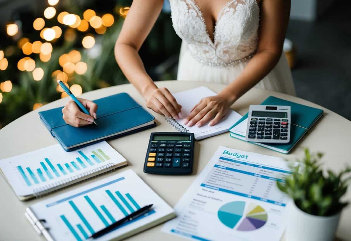 A woman organizing wedding details with a notebook, calculator, and budget spreadsheets spread out on a table