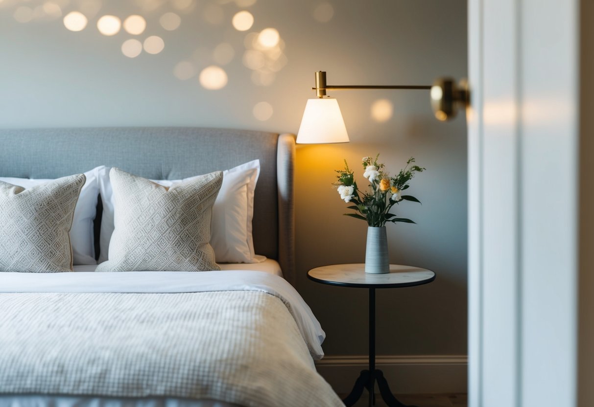 A cozy bedroom with a comfortable bed, soft lighting, and a small table with a vase of flowers