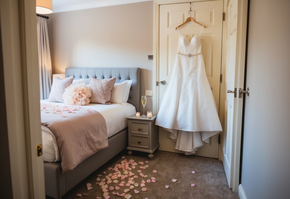 A cozy bedroom with a bed adorned with rose petals, a nightstand holding a glass of champagne, and a wedding dress hanging from a hook on the door