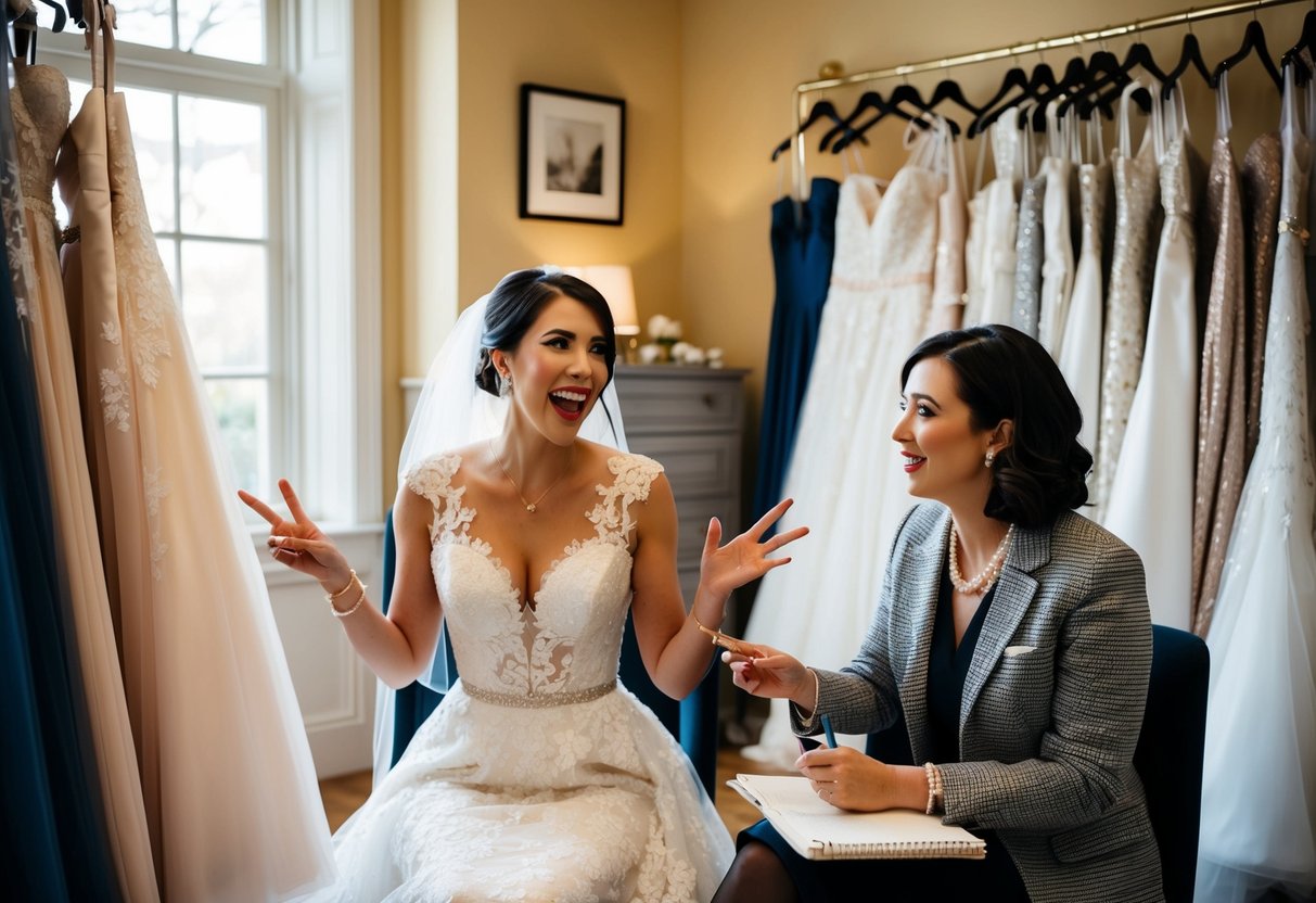 A bride and a consultant sit in a cozy, well-lit room surrounded by racks of elegant dresses. The bride gestures excitedly while the consultant listens attentively, taking notes