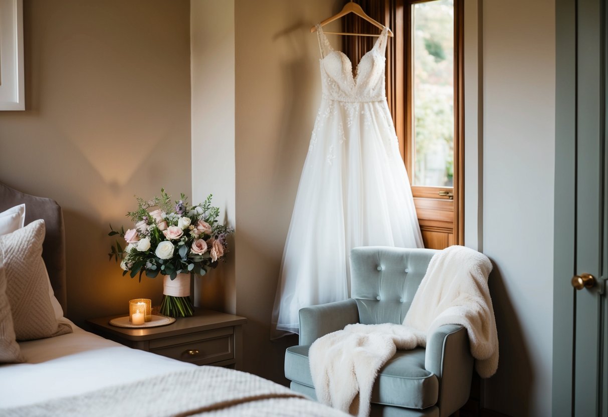 A cozy bedroom with a bouquet of flowers on the bedside table, a wedding dress hanging in the corner, and a soft, plush robe draped over a chair