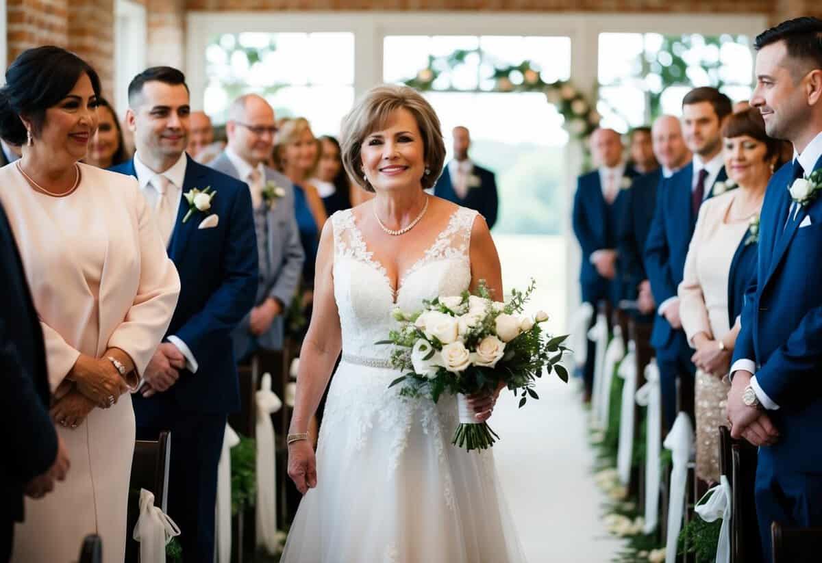 The mother of the groom walks gracefully down the aisle