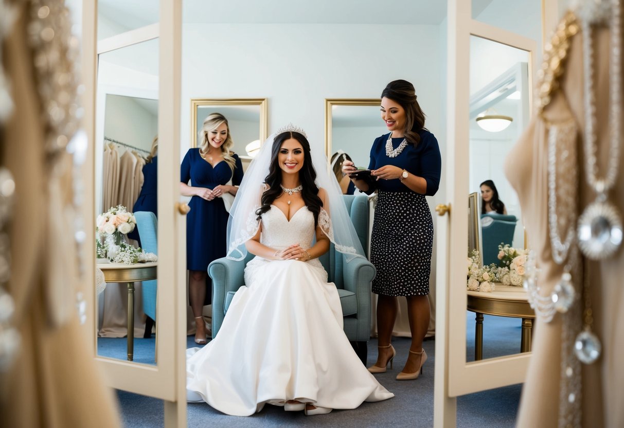 A bride sits in a cozy chair surrounded by mirrors, trying on veils, tiaras, and jewelry while a consultant offers advice