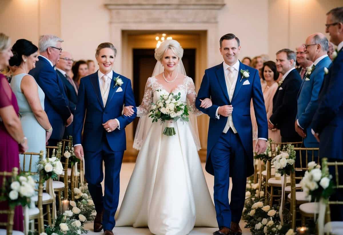 A figure in elegant attire leads the mother of the groom down the aisle, surrounded by flowers and soft lighting