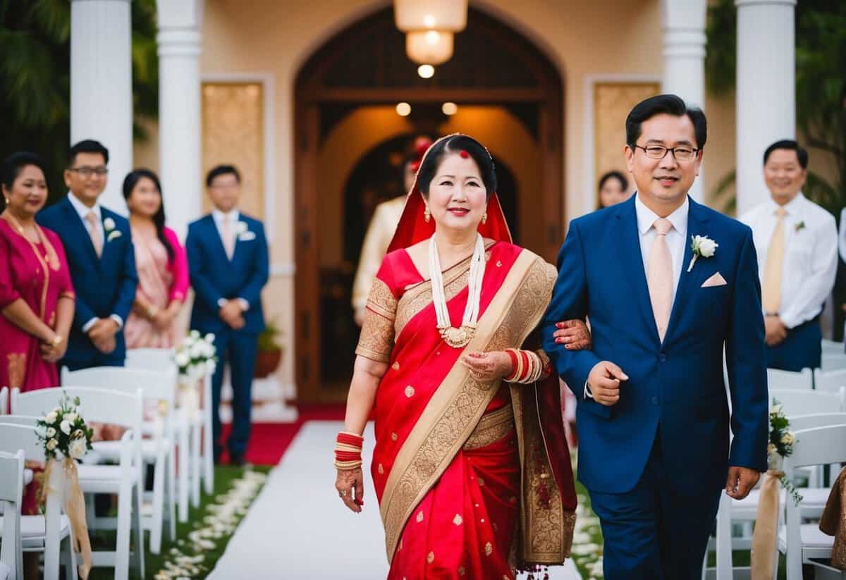 A traditional cultural wedding scene with the mother of the groom walking down the aisle