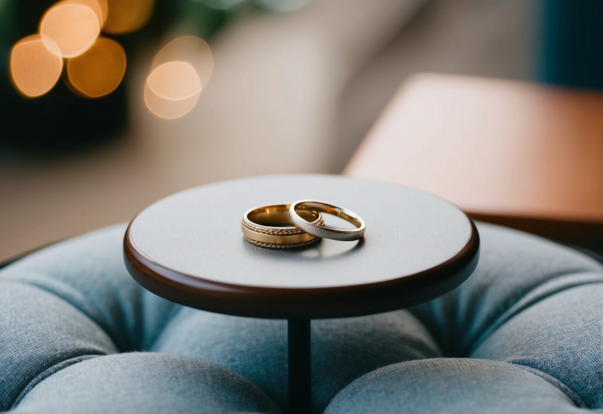 A small table with two intertwined rings resting on a cushioned surface