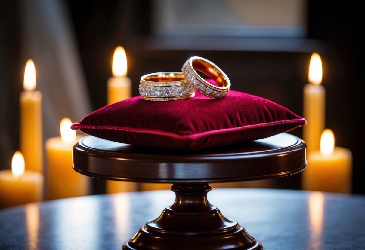 Two ornate rings rest on a velvet pillow atop a polished wooden pedestal, bathed in soft candlelight