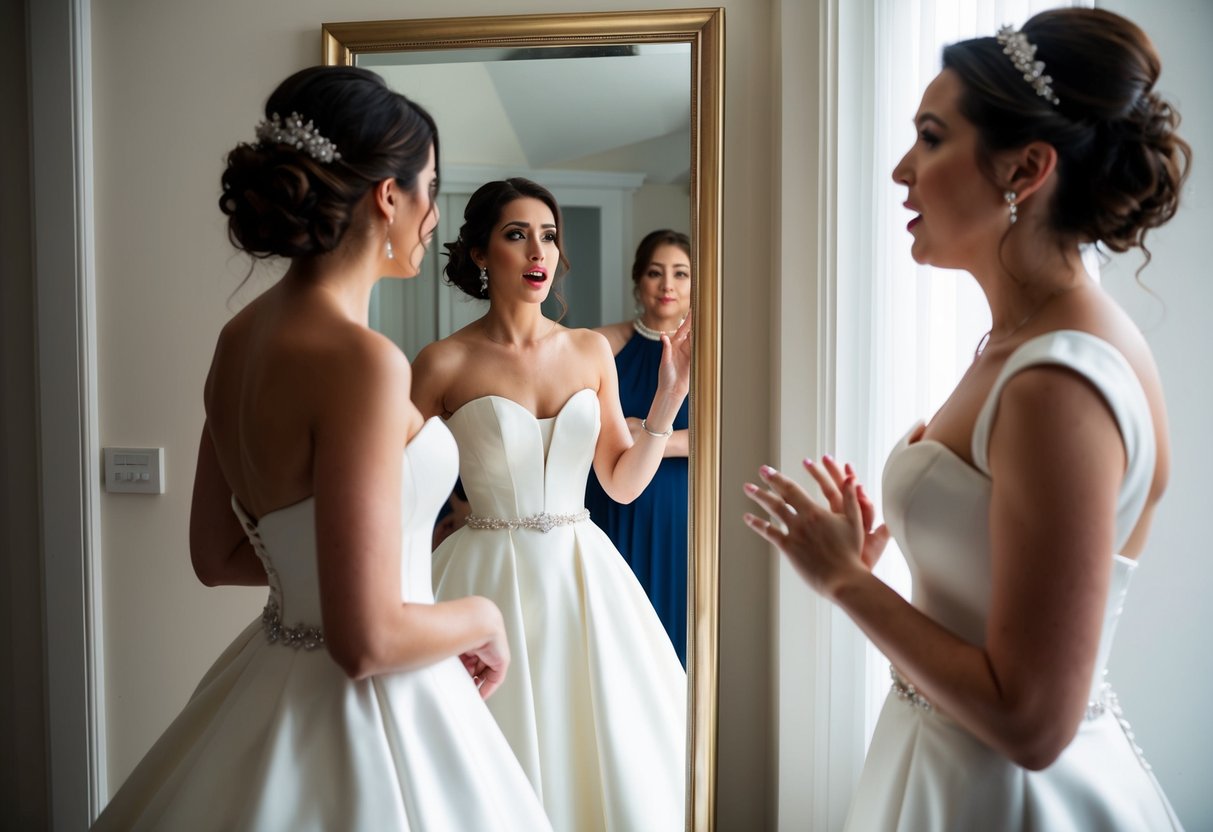 A woman in an elegant white gown stands beside a mirror, admiring her reflection while the bride looks on with a mix of surprise and concern
