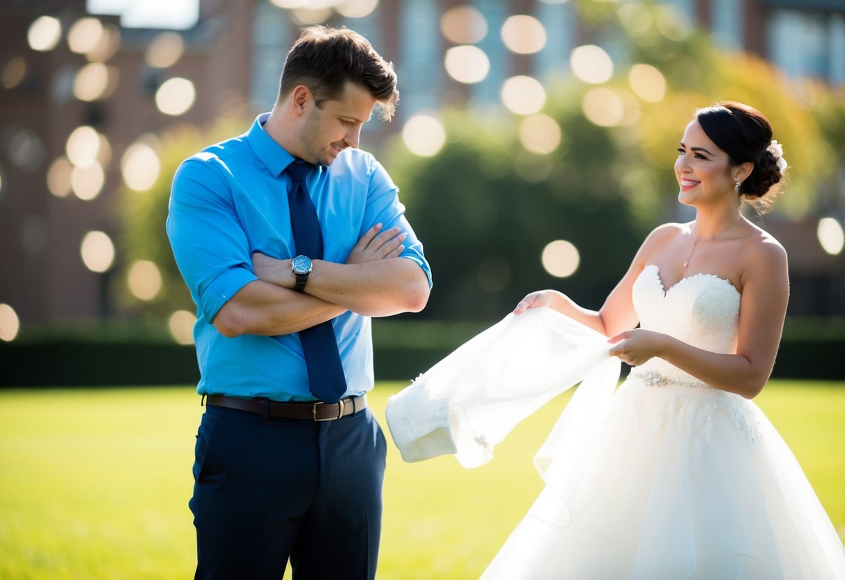 A person standing with crossed arms, shaking their head, while a bride holds out a dress