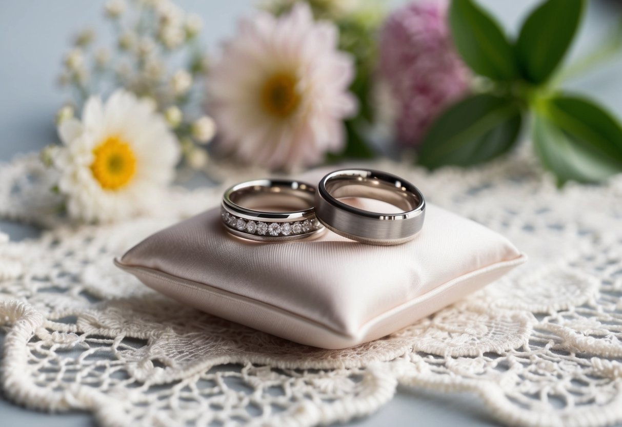 Two wedding rings resting on a small, cushioned platform, surrounded by delicate lace and flowers
