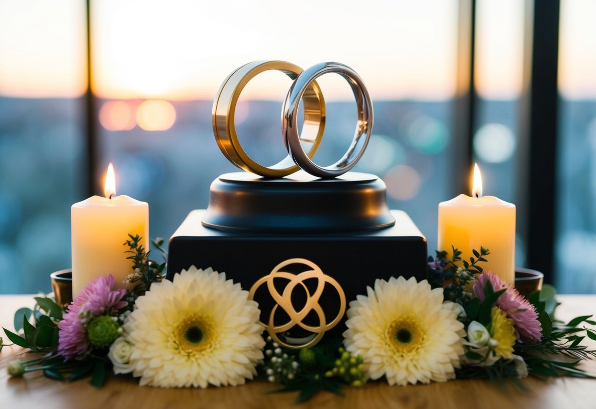 Two interlocking rings on a pedestal, surrounded by symbolic elements such as flowers, candles, and a unity symbol