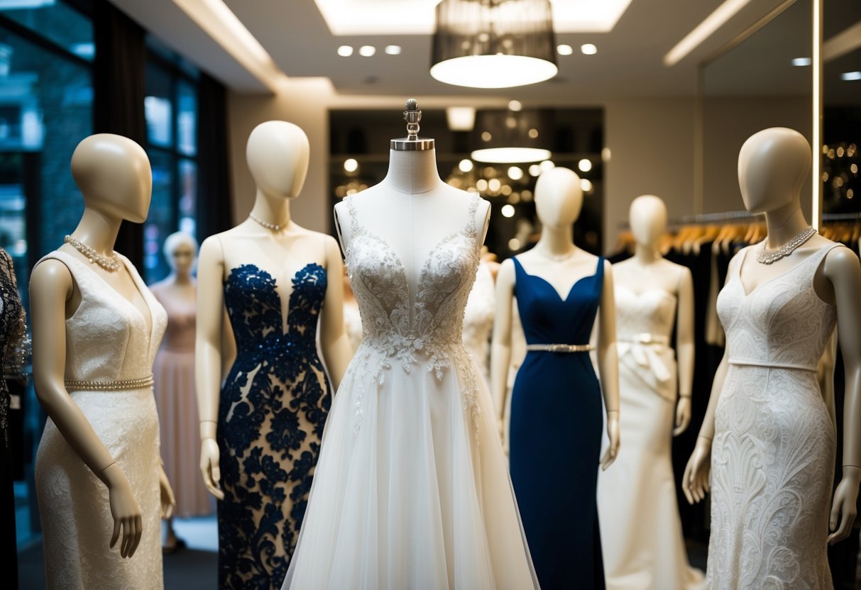 A group of elegantly dressed mannequins in a boutique, with one standing out in a stunning wedding gown while the others are adorned in equally eye-catching outfits