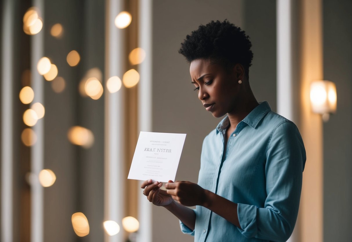 A person standing alone, looking at a wedding invitation with a conflicted expression
