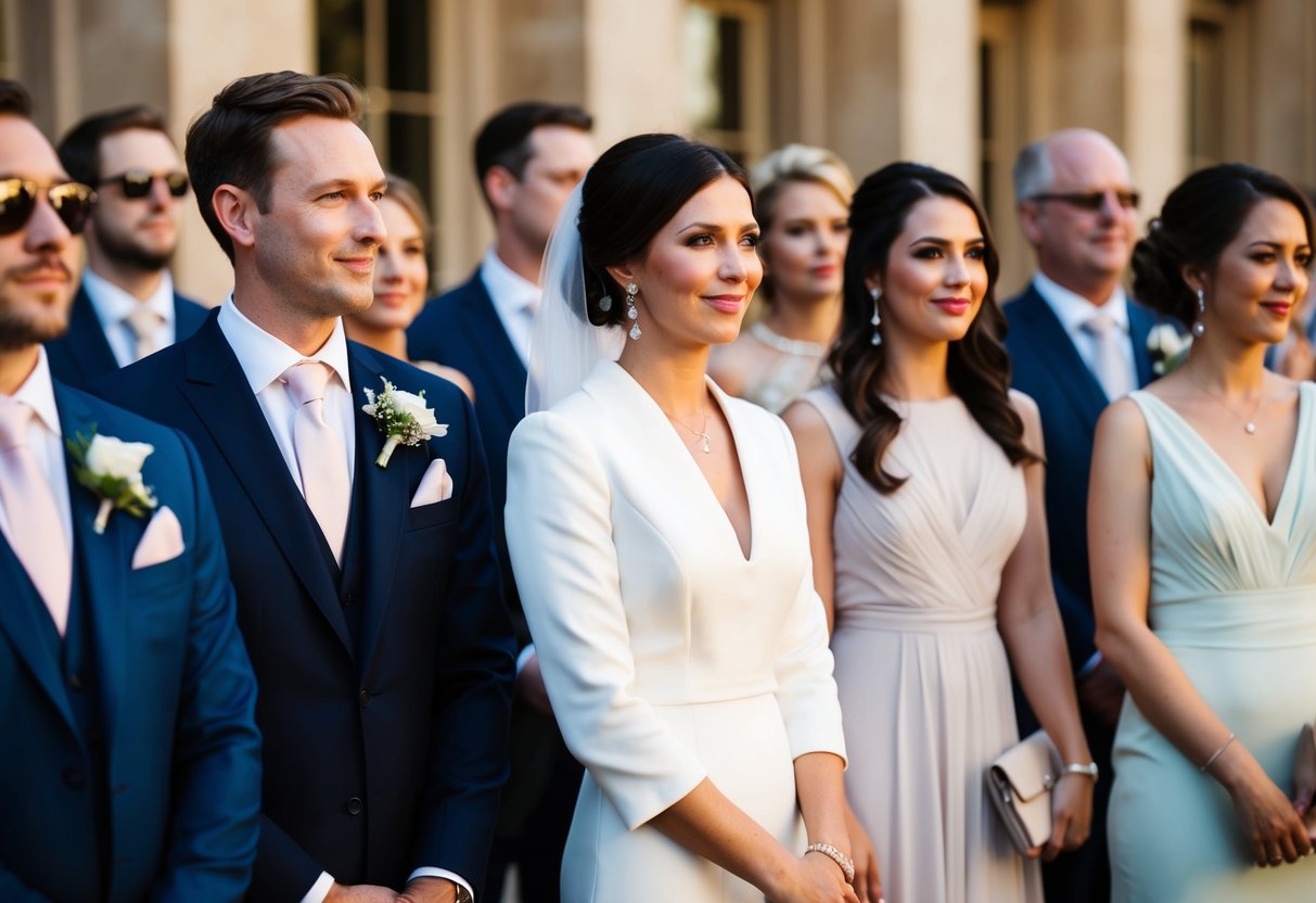 A group of elegantly dressed wedding guests, with one standing out subtly, radiating beauty and confidence