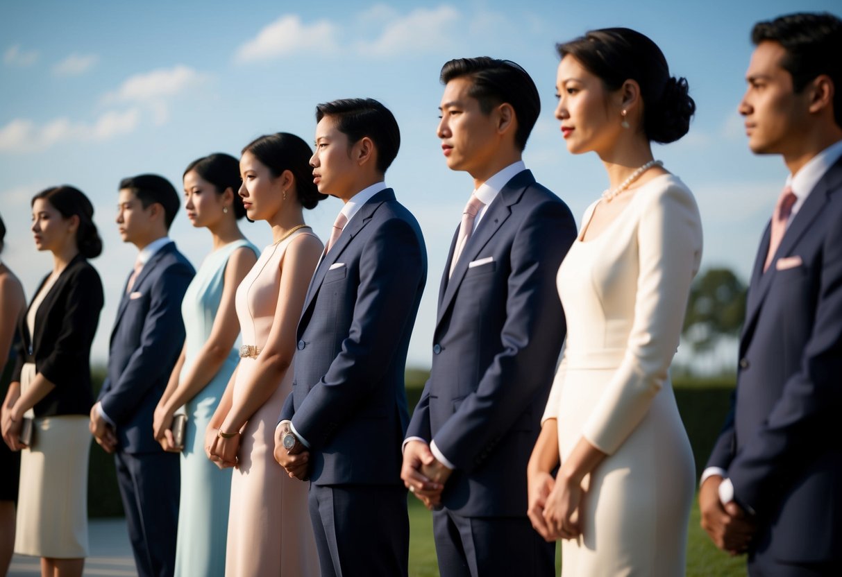 A group of elegantly dressed figures stand in a line, with one figure subtly drawing attention with their refined and tasteful appearance