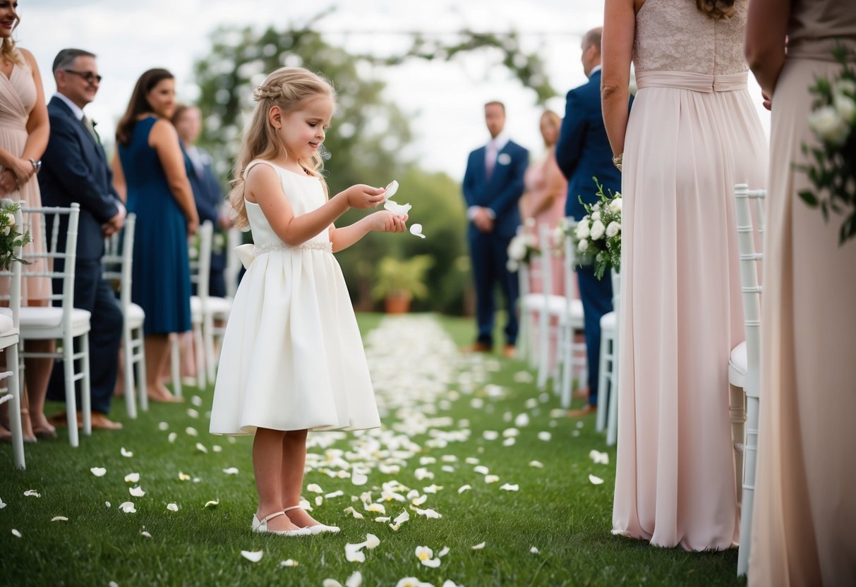 A flower girl stands closest to the bride, scattering petals along the aisle