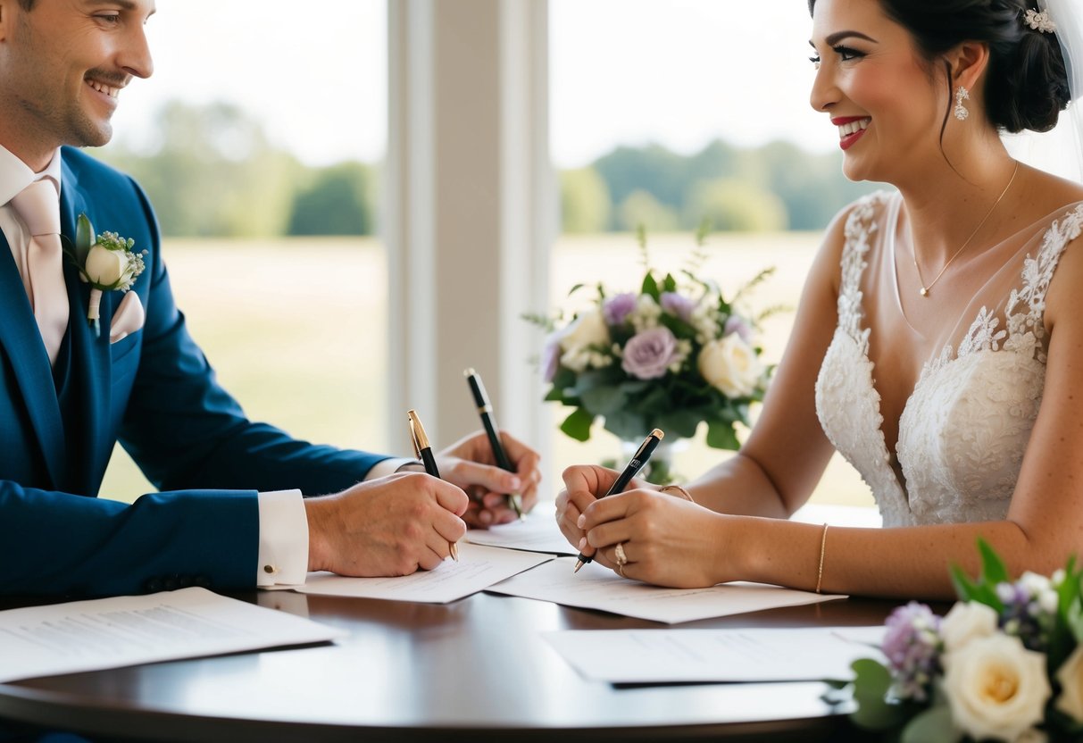 The bride and groom sit at a table, pens in hand, surrounded by paper and flowers. They look at each other with smiles as they write their vows together