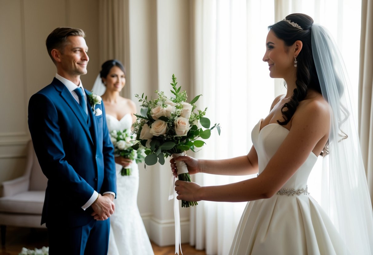 A figure in a formal attire stands beside the bride, holding a bouquet or adjusting her dress