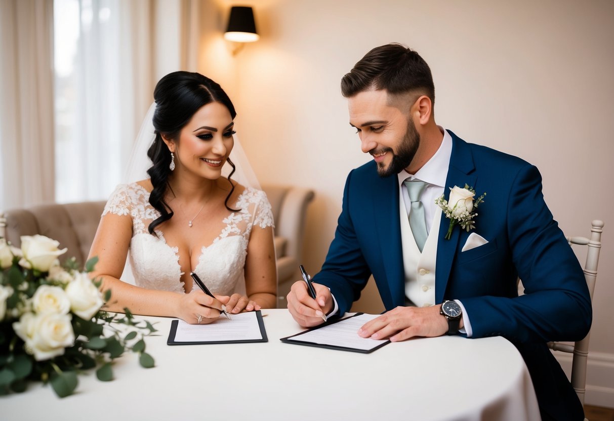 A bride and groom sit at a table, pen in hand, as they write their wedding vows together. A soft light illuminates the scene, creating a sense of intimacy and connection