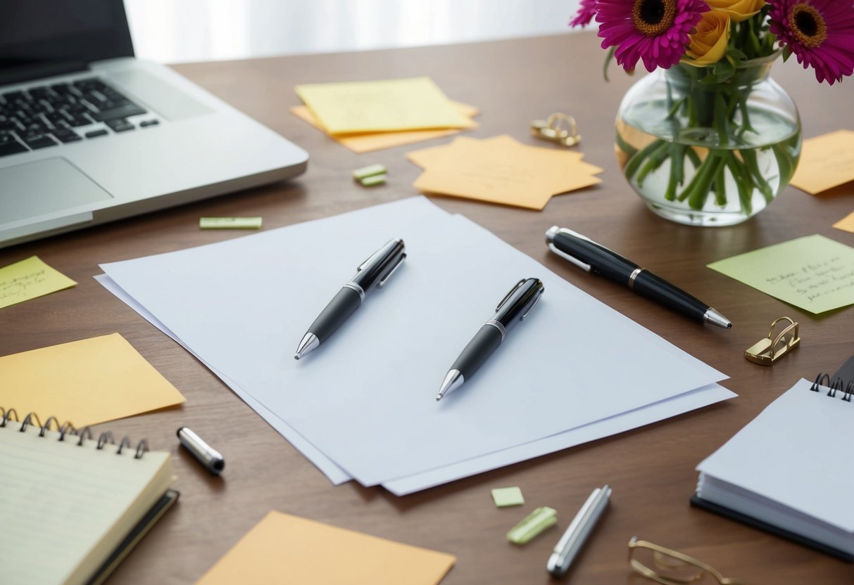 A table set with two pens and a blank sheet of paper, surrounded by scattered notes and a vase of flowers