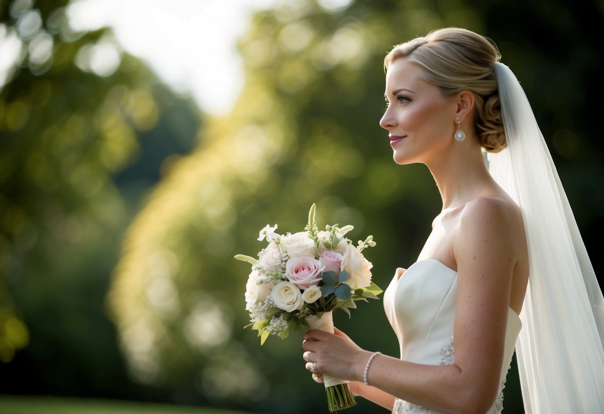 A figure in elegant attire stands closest to the bride, holding a bouquet of flowers and gazing ahead with a serene expression