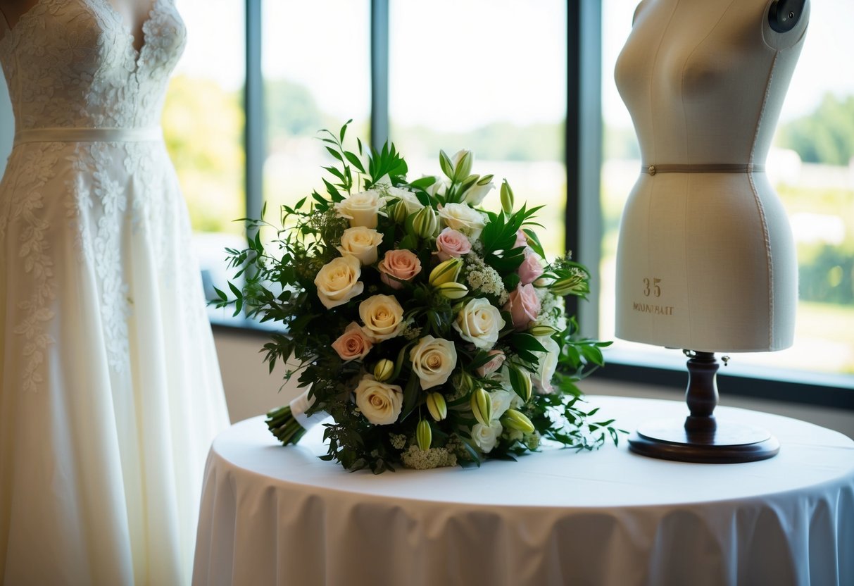 A bouquet of flowers being arranged on a table next to a wedding dress on a mannequin