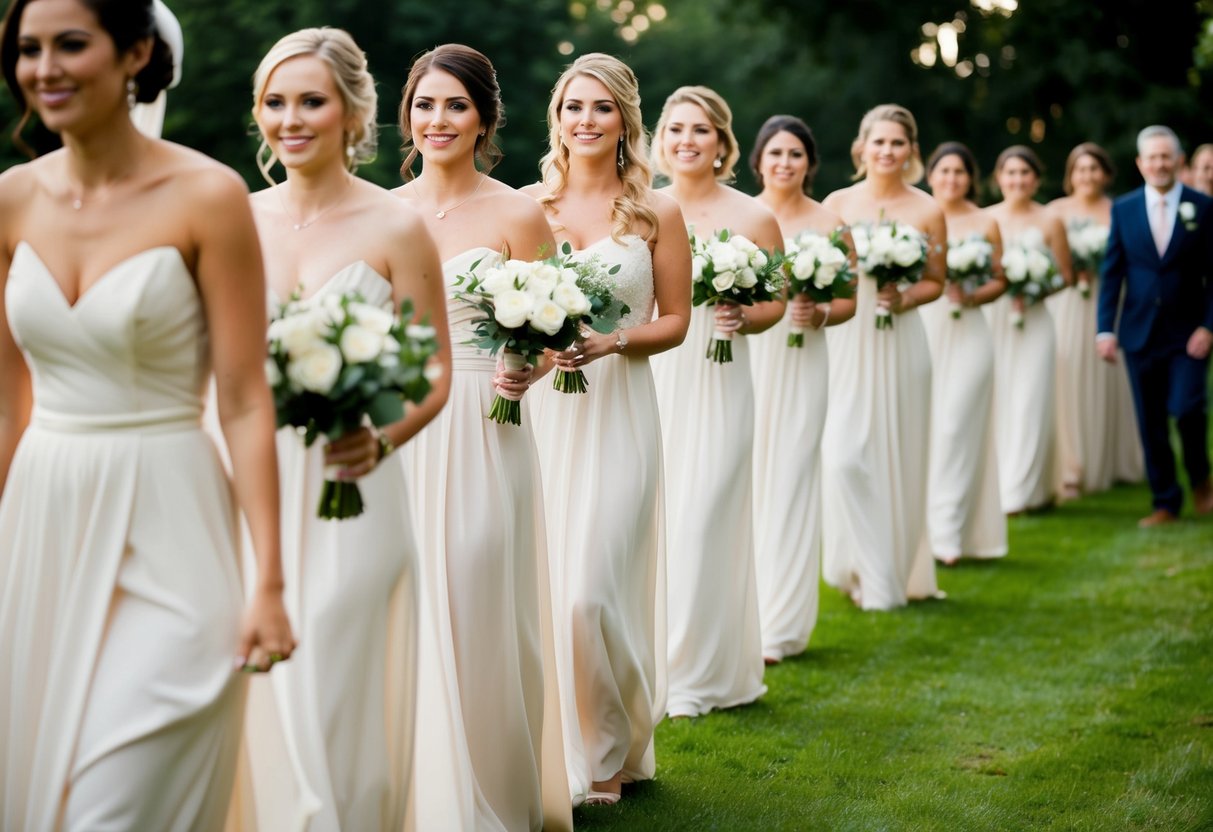 A line of bridesmaids walking in a processional, with the first one leading the way