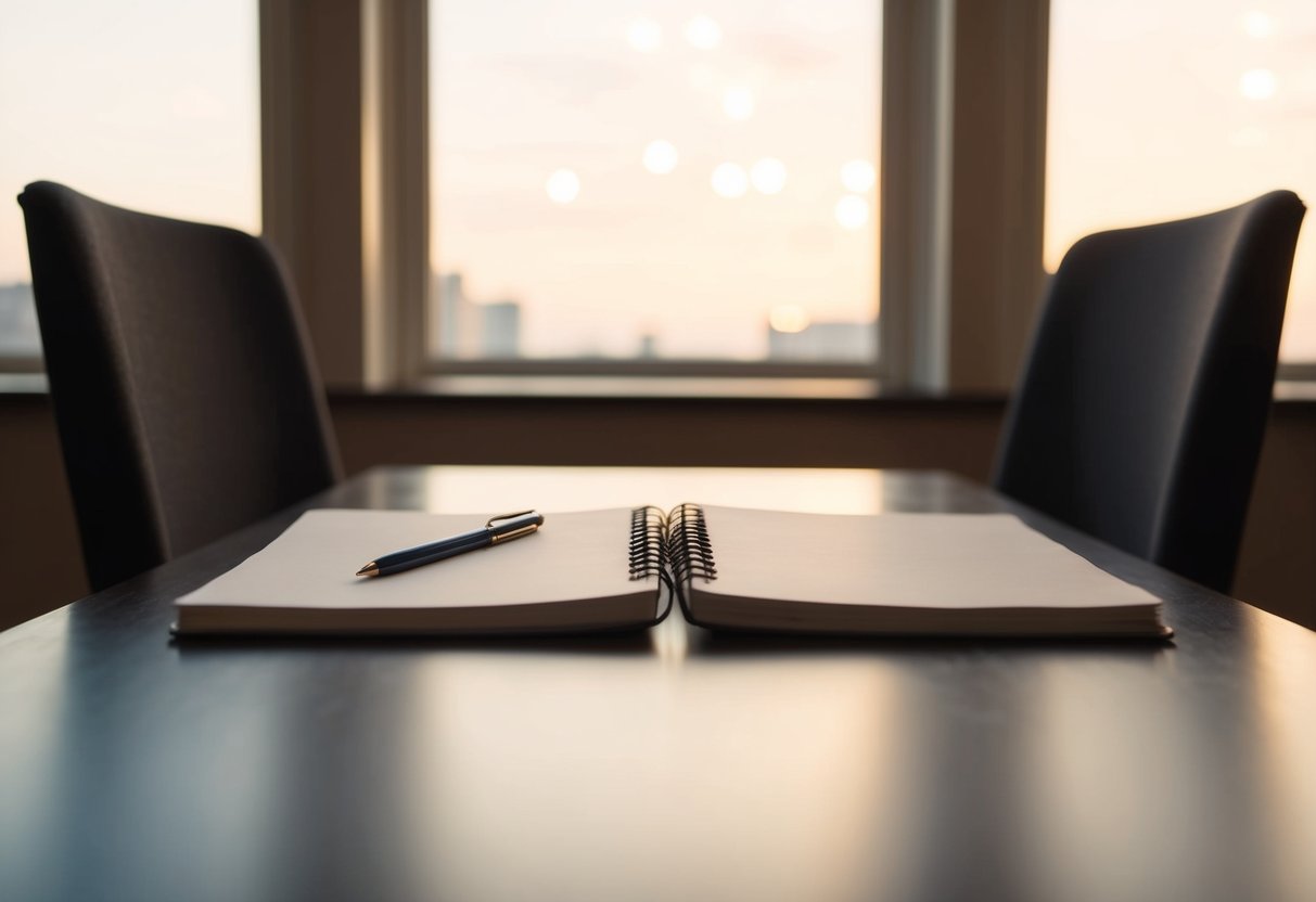 A table with two chairs facing each other, a blank notebook and pen in the center. A soft, warm light fills the room