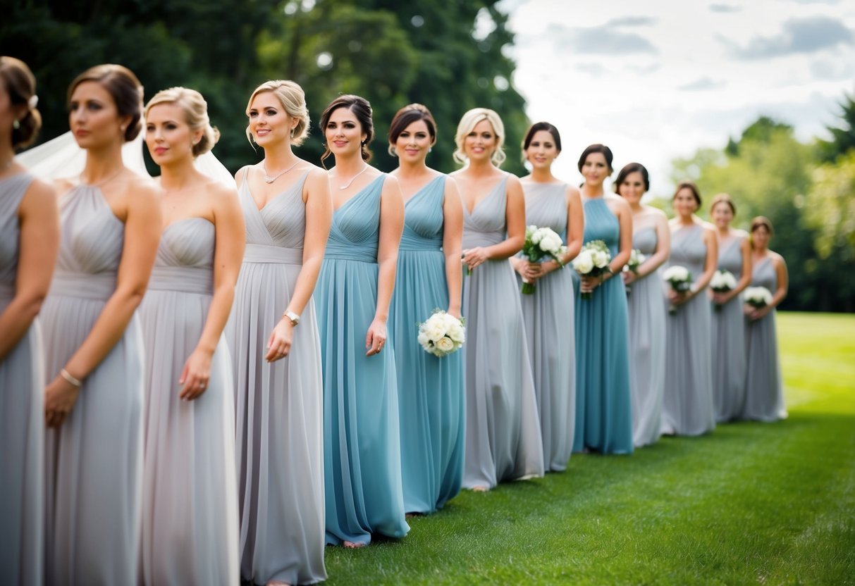 A line of bridesmaids stand in a row, waiting to walk down the aisle. The first one takes a step forward, ready to lead the procession