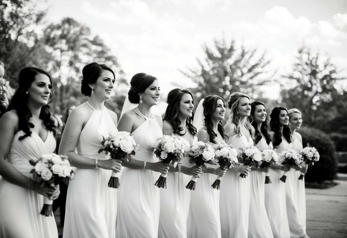 A line of bridesmaids walking in a wedding procession, with the first bridesmaid leading the way followed by the others in a straight line