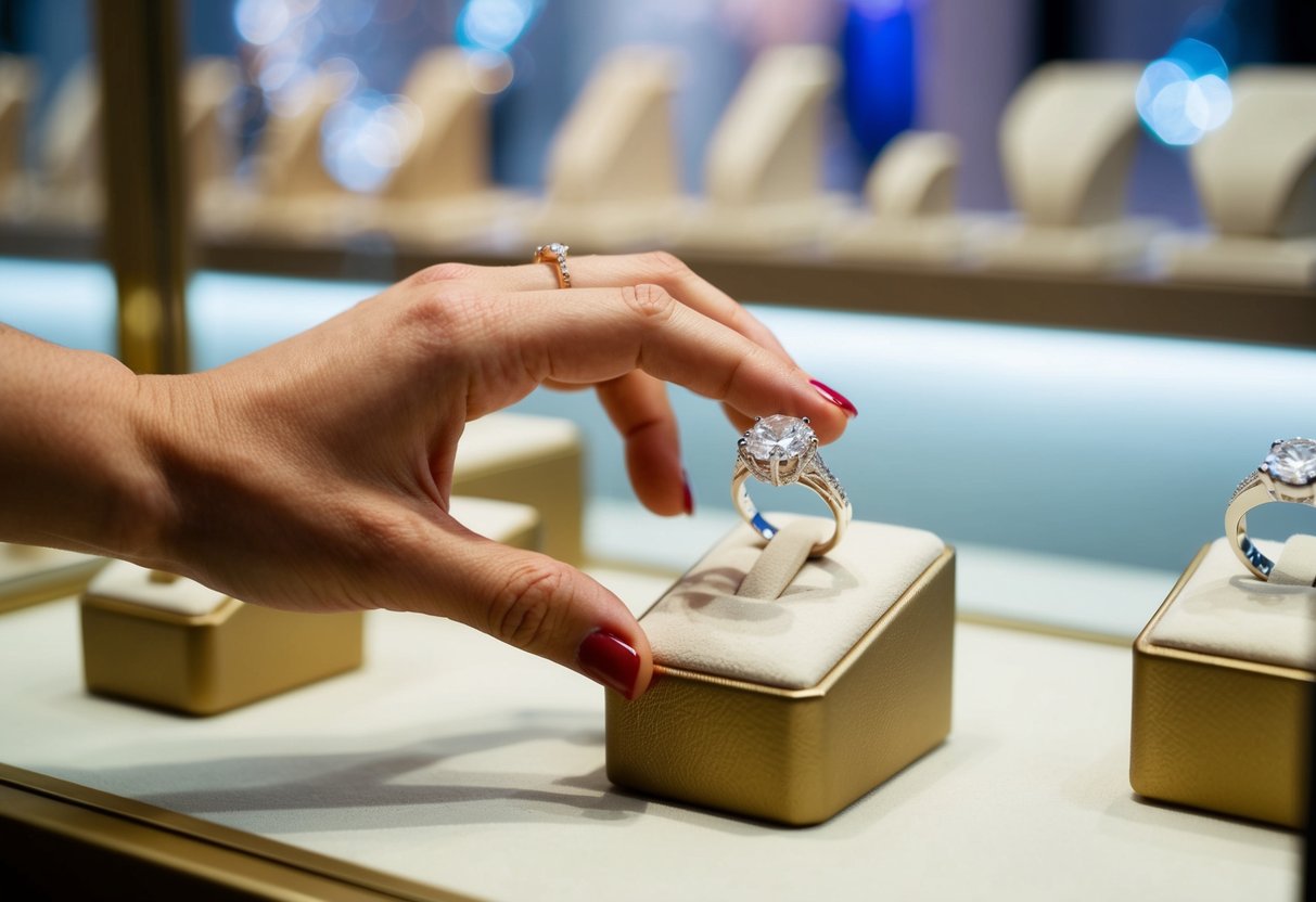 A hand reaches for a gleaming ring in a jewelry store display