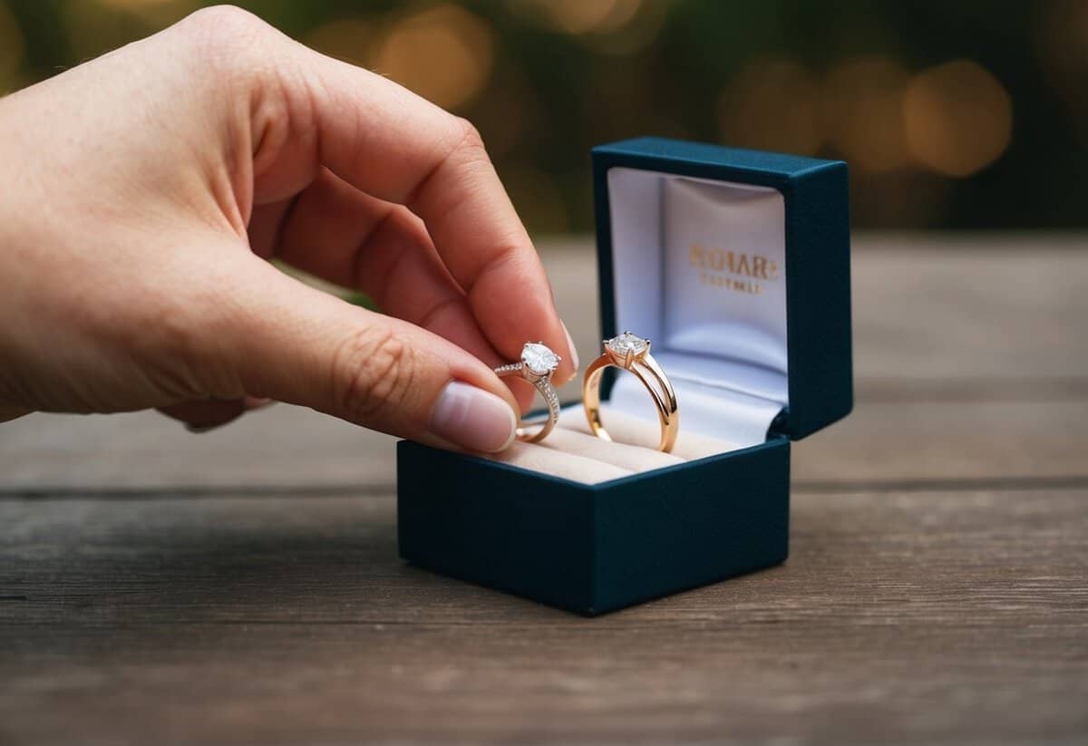 A hand reaches for a small jewelry box, opening it to reveal both an engagement ring and a wedding band nestled inside