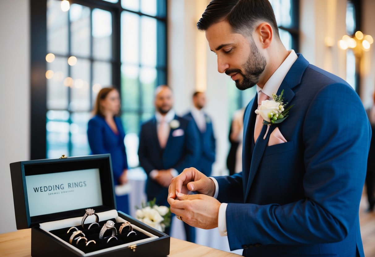 A groom admires a display of wedding rings, considering the tradition of buying one for himself