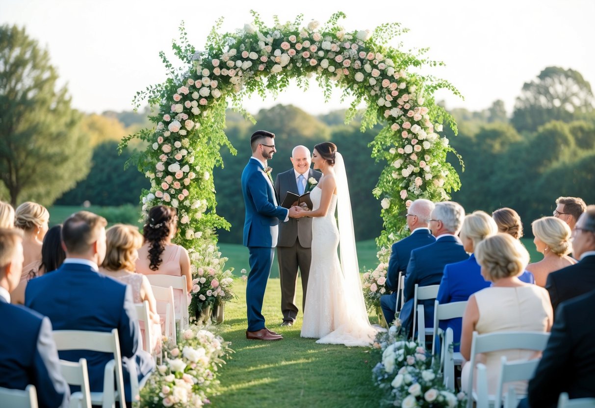 A beautifully decorated outdoor setting with a flower-filled arch, guests seated in rows, and a couple standing together exchanging vows