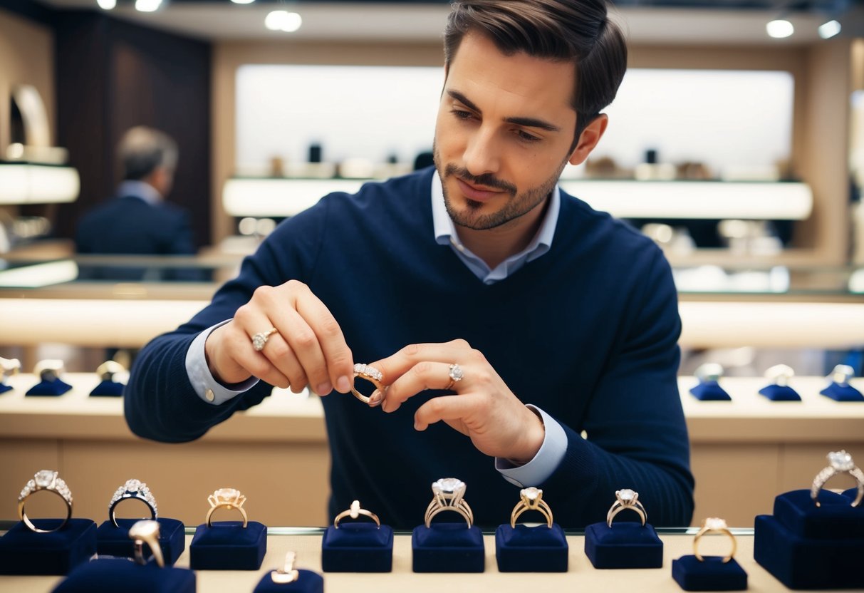 A man browsing through various rings at a jewelry store, carefully examining each one before making a decision