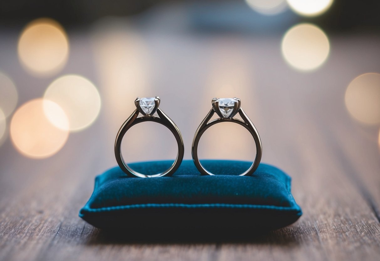A groom's wedding ring displayed next to the bride's ring on a velvet cushion