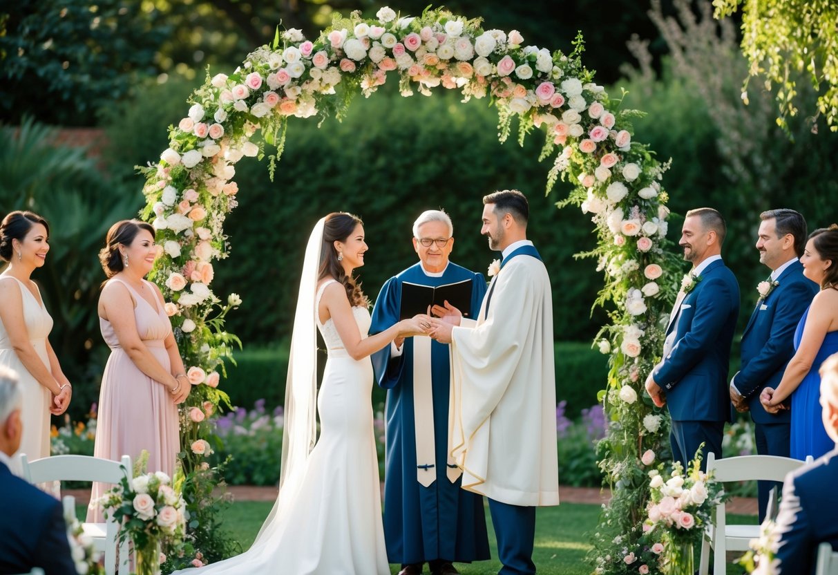 A couple stands beneath a flower-covered arch in a lush garden, exchanging vows as family and friends look on. An officiant, dressed in flowing robes, leads the ceremony