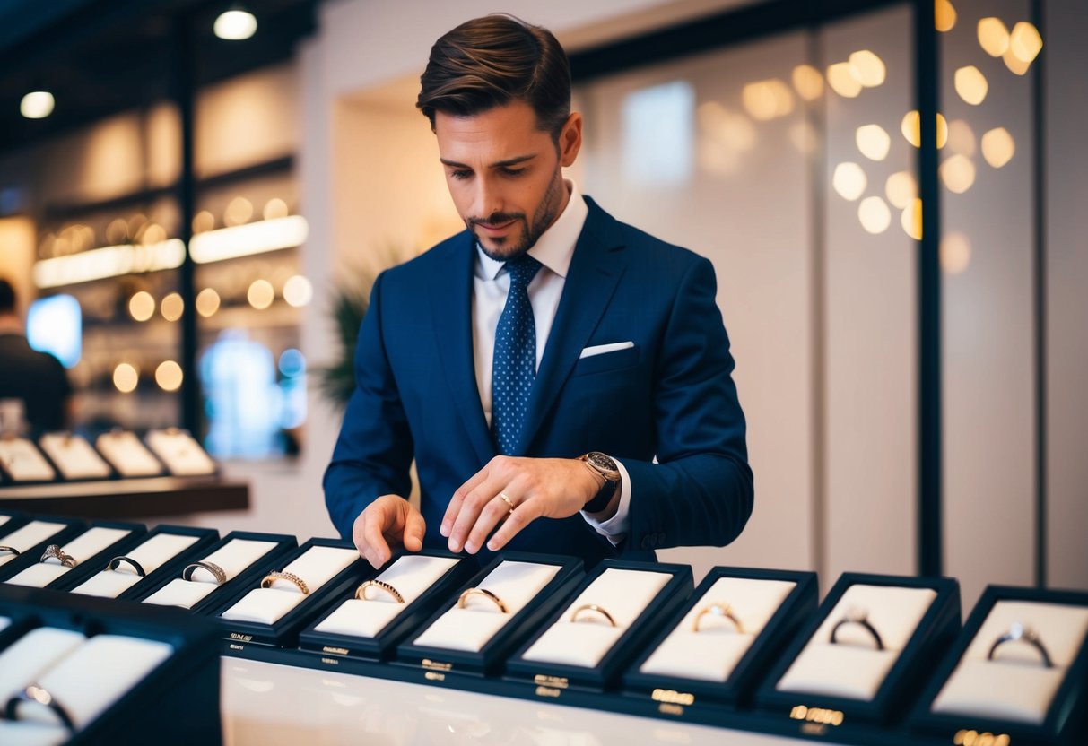 A man browsing through a display of wedding rings, carefully examining each one before making a selection