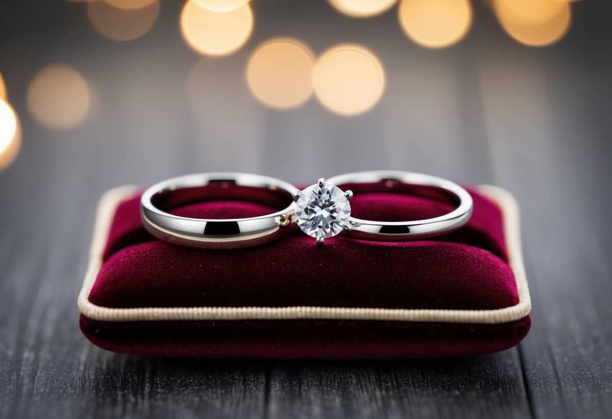 Two rings, one with a diamond, the other a plain band, arranged side by side on a velvet cushion