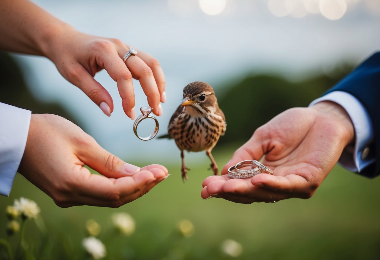 A small bird passes rings to the bride and groom