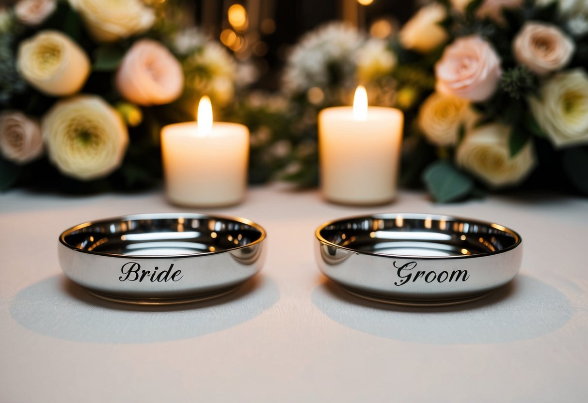 A table with two empty ring dishes, one labeled "bride" and the other "groom," set against a backdrop of flowers and candles