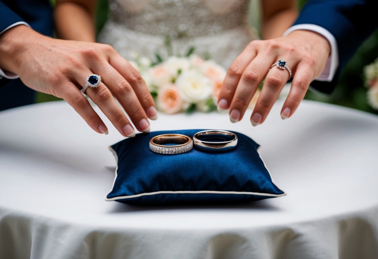 A table with two rings on a cushion, positioned between a bride and groom