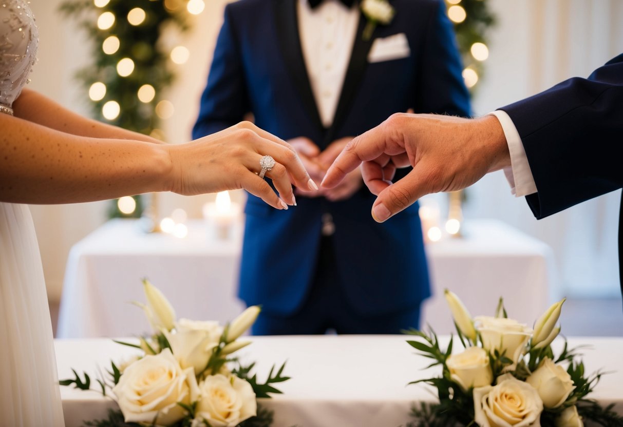 A couple exchanging rings at an altar