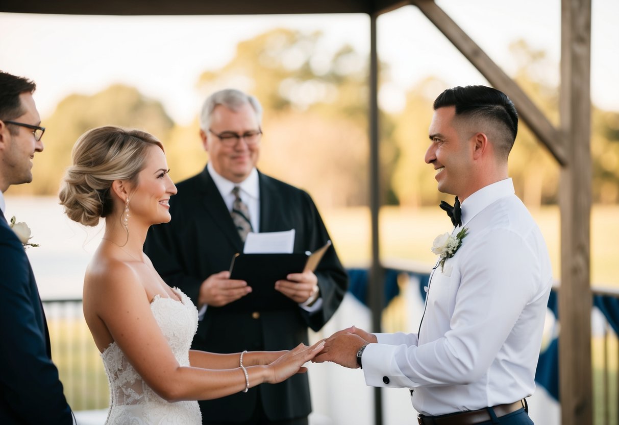 A couple standing before an officiant, exchanging meaningful vows with a symbolic gesture