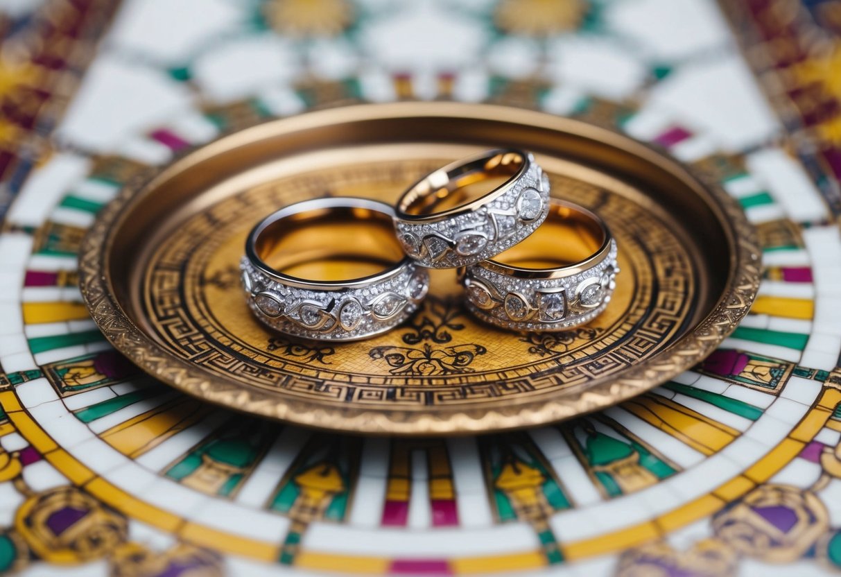 A decorative tray holds ornate rings for the bride and groom. Cultural symbols adorn the background