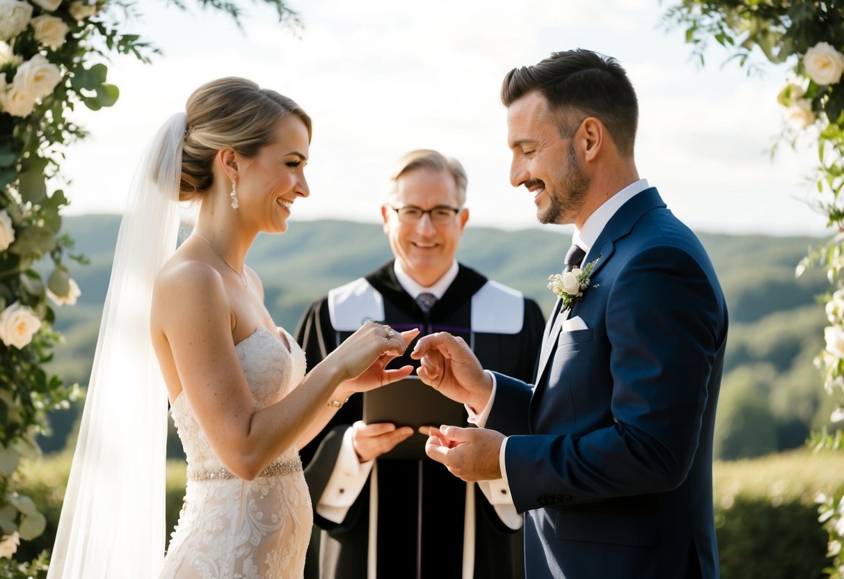 A couple exchanging rings in front of an officiant with a scenic backdrop