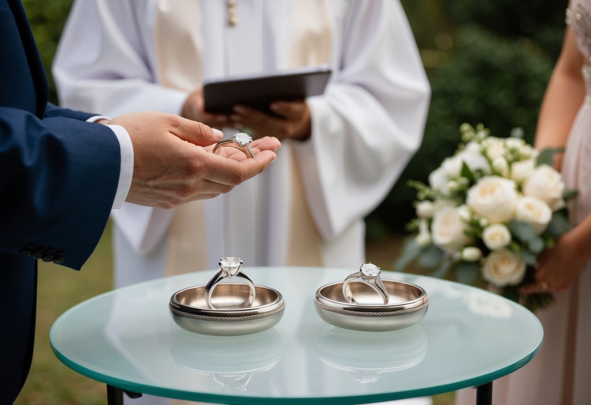 A small table with two elegant ring dishes, one for the bride and one for the groom, placed in front of the officiant